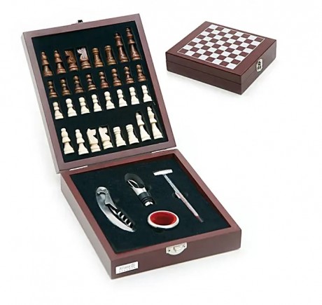 משחק שחמט שולחני מעץ משולב בסט כלים ואביזרי יין